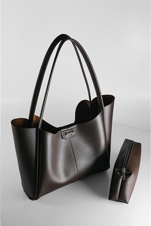 Women's Large Size Bag with Brown Makeup Bag - Hand and Shoulder Bag