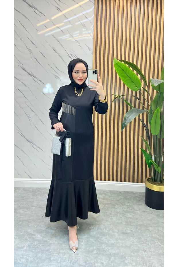 VOLT CLOTHİNG Women's Leather Detailed Black Dress