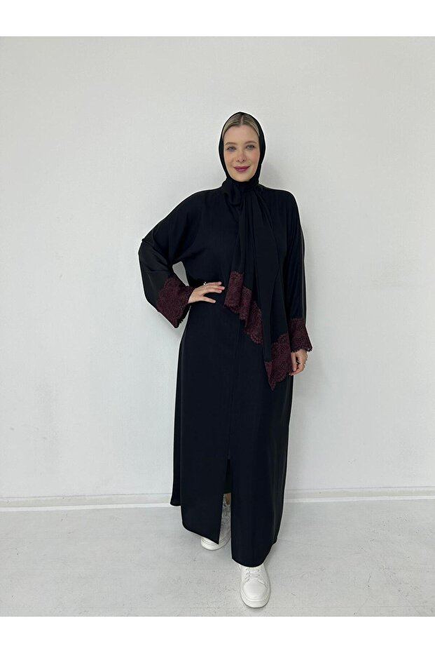 GigiTex Burgundy Danzele Abaya Hijab Shawl, Standard Size 38-44, Size Back Plain Front Patterned