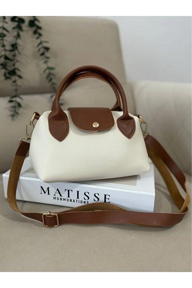Women's Faux Leather Handle Small Size Hand and Shoulder Bag Cream