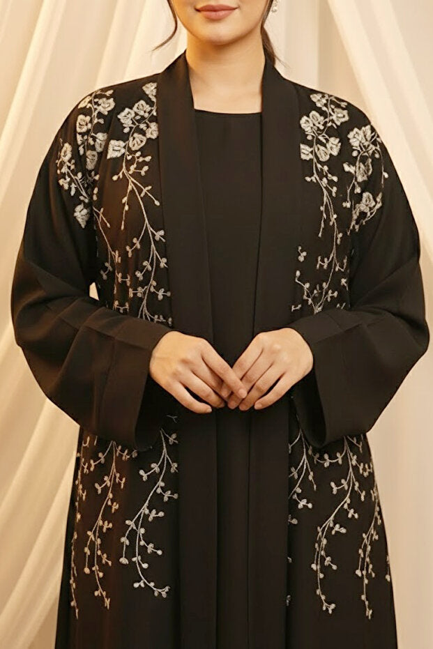 Muchmy Premium Black Embroidered Abaya 2 Pieces With Inner For Women's Casual Muslim Ladies Abayas Dress