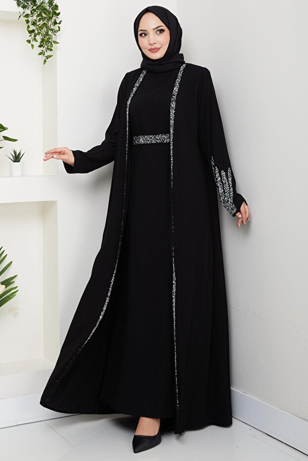hafsamina Stone Detailed Inner Layer Abaya Set Black Hm2858