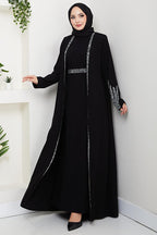 hafsamina Stone Detailed Inner Layer Abaya Set Black Hm2858