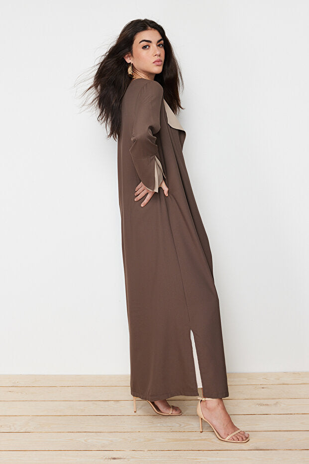 Trendyol Modest Brown Stone Color Blocked Long Aerobin Woven Cap & Ferace & Abaya TCTSS24KF00011