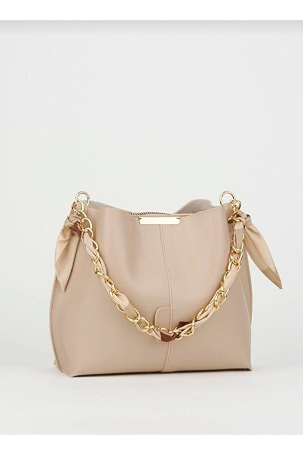 MODALAY Women's Vizyon Soft Leather 3 Compartment Handbag and Shoulder Bag with Scarf and Chain Accessories