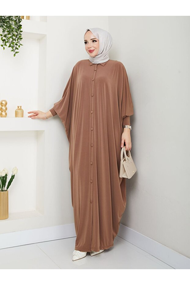 MODAMÜNASİP Long Sandy Ferace with Buttoned Front Bat Sleeves