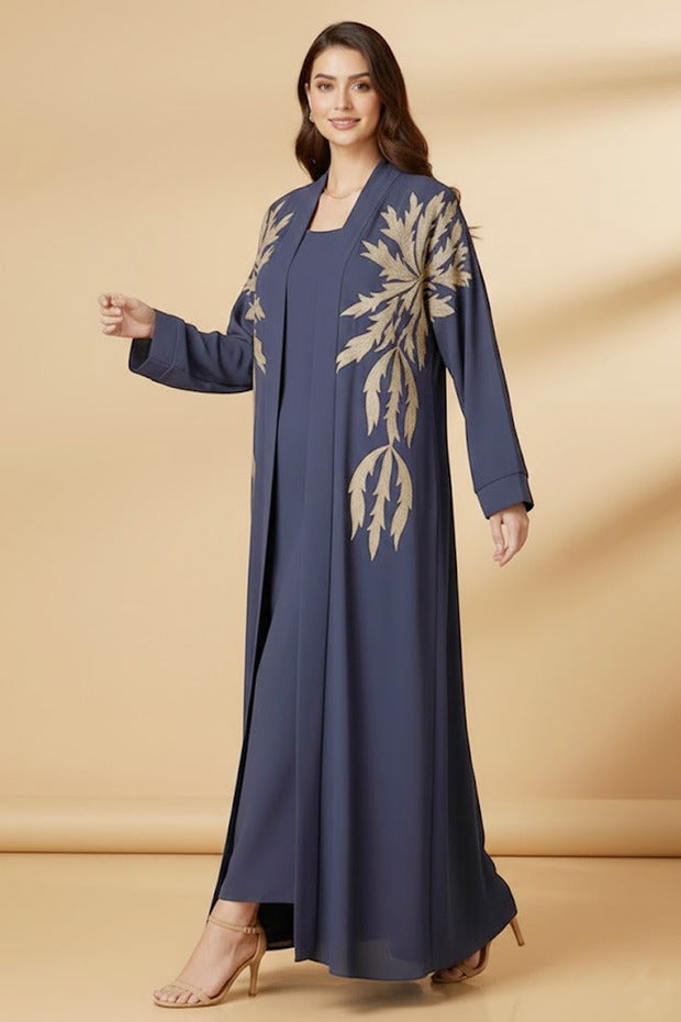 Muchmy 2 Pieces Women’s Navy Blue Open Abaya And Inner With Gold Leaf Embroidery Long Sleeve Muslim Abaya