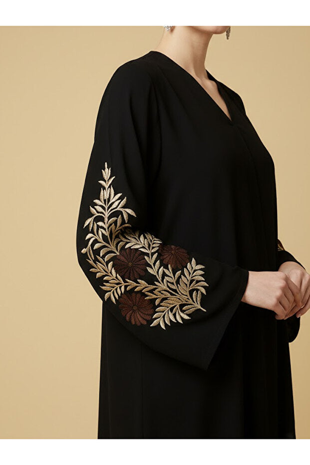 Muchmy Elegant Black Floral Embroidered Abaya For Women's Button Closure V-neck Long Sleeve Muslim Abaya