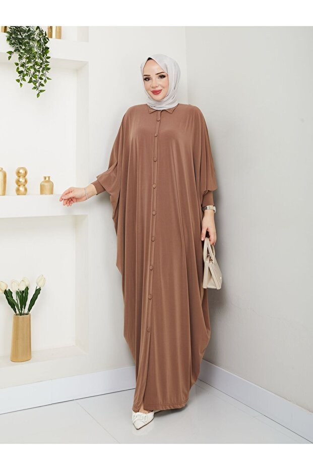 MODAMÜNASİP Long Sandy Ferace with Buttoned Front Bat Sleeves