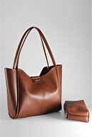 Women's Large Size Bag with Brown Makeup Bag - Hand and Shoulder Bag