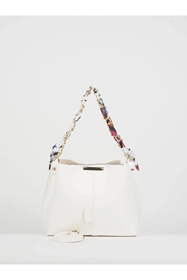 MODALAY Women's Vizyon Soft Leather 3 Compartment Handbag and Shoulder Bag with Scarf and Chain Accessories