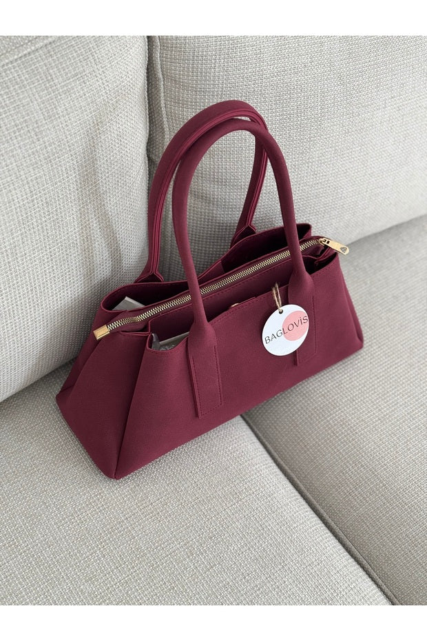 BAGLOVİS Burgundy Suede Women's Shoulder and Shoulder Bag En32 Boy16