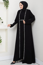 hafsamina Stone Detailed Inner Layer Abaya Set Black Hm2858