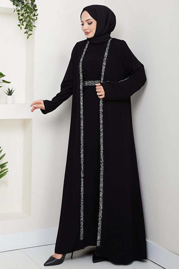 hafsamina Stone Detailed Inner Layer Abaya Set Black Hm2858