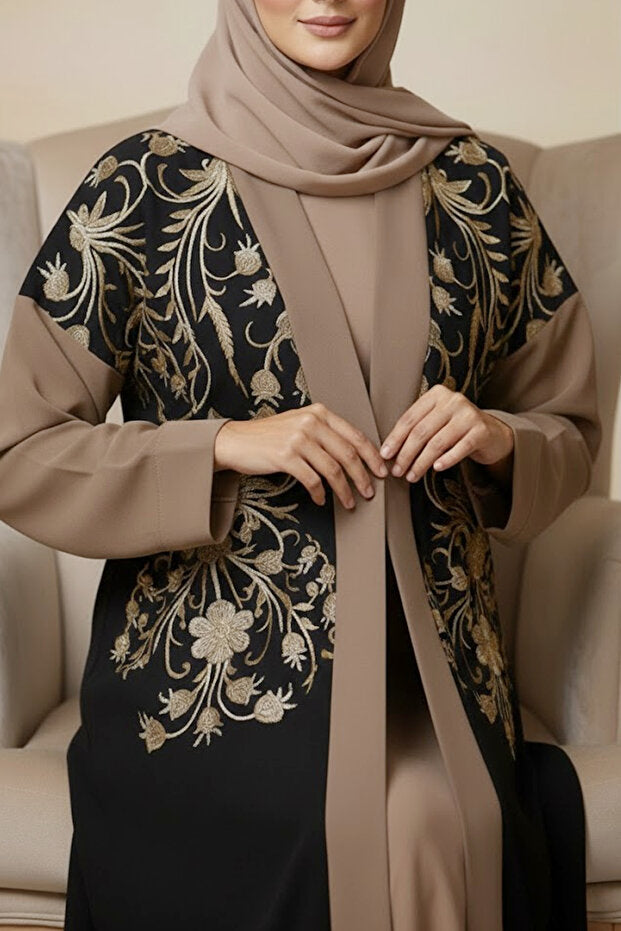 Muchmy 2 Pieces Elegant Black Brown Embroidered Abaya For Women Long Sleeve With Inner Muslim Abaya Dress