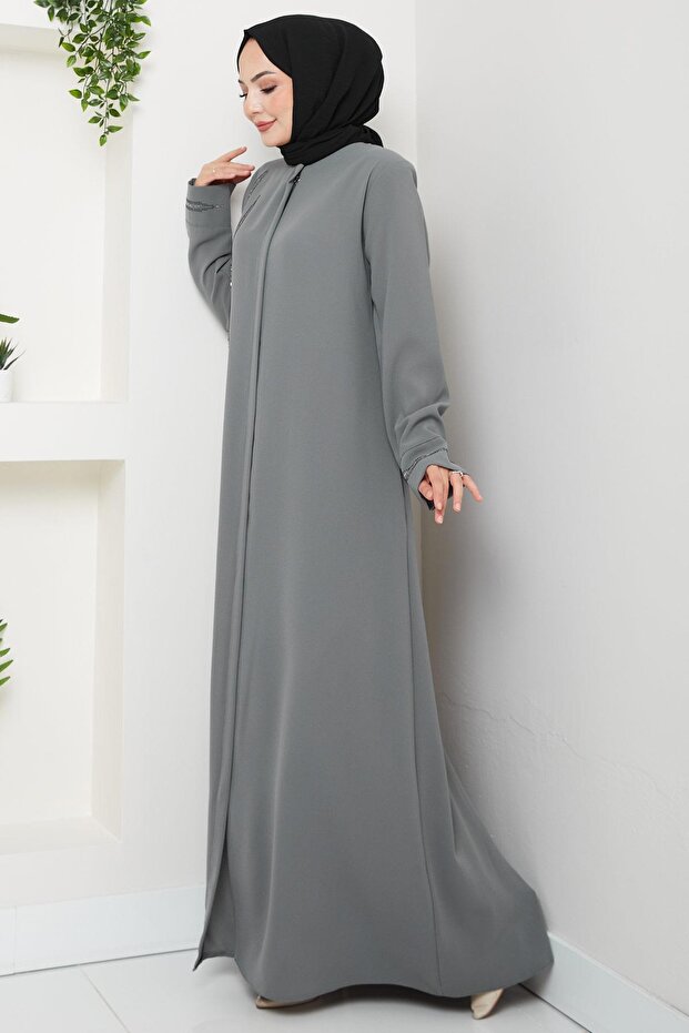 hafsamina Large Size Ferace with Stones on the Front, Gray Hm2800