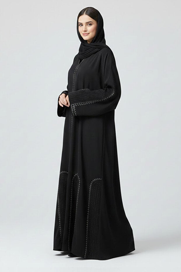 Premium Black Abaya With Rhinestone Embroidery V-neck Long Sleeve Muslim Arabic Modest Women Abaya