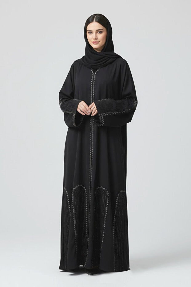 Premium Black Abaya With Rhinestone Embroidery V-neck Long Sleeve Muslim Arabic Modest Women Abaya
