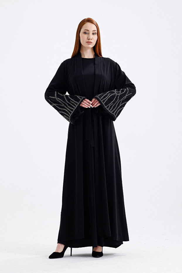 LEYLA STORE Stylish Stone Detailed Black Ferace