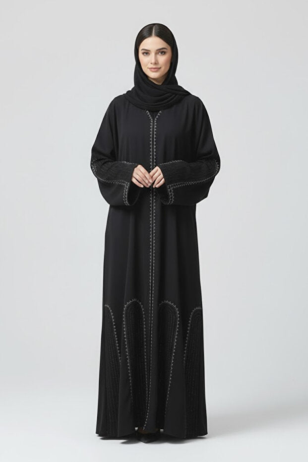 Premium Black Abaya With Rhinestone Embroidery V-neck Long Sleeve Muslim Arabic Modest Women Abaya