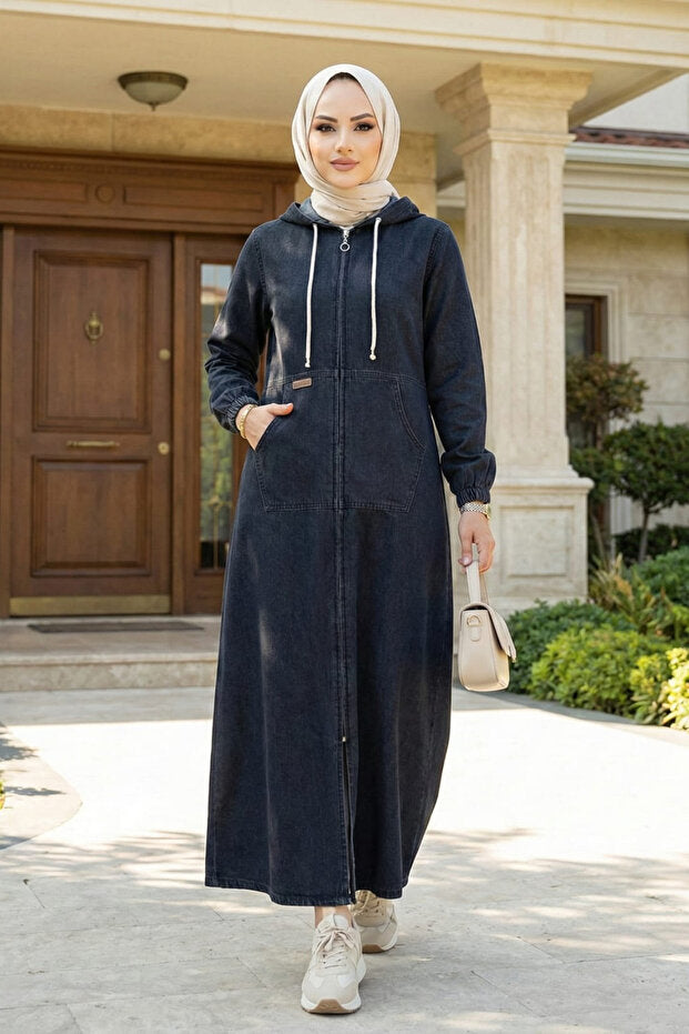 Hb Harma Time Butik Women's Hooded Denim Black Jeans Cap with Pockets and Zipper