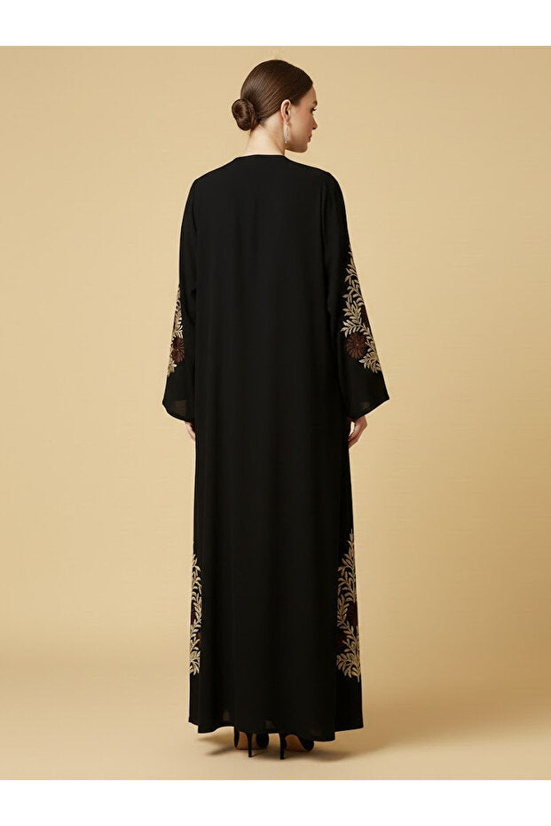 Muchmy Elegant Black Floral Embroidered Abaya For Women's Button Closure V-neck Long Sleeve Muslim Abaya