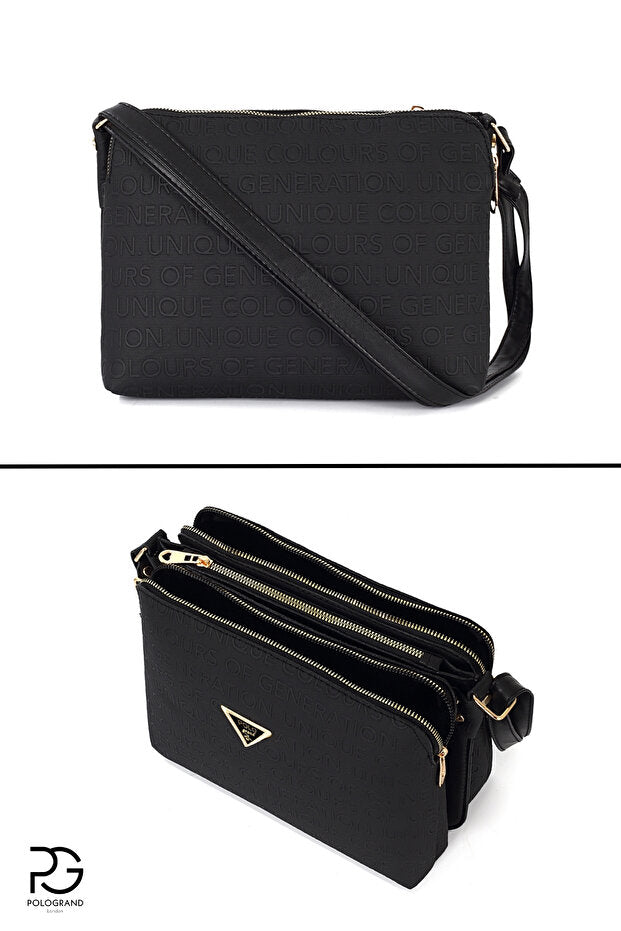 POLOGRAND London Original Women's 3 Compartment Luxury Soft Leather Stylish Model Adjustable Cross Strap Black Shoulder Bag