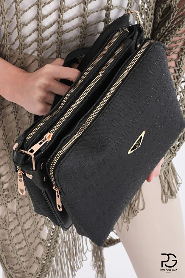 POLOGRAND London Original Women's 3 Compartment Luxury Soft Leather Stylish Model Adjustable Cross Strap Black Shoulder Bag