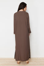Trendyol Modest Brown Stone Color Blocked Long Aerobin Woven Cap & Ferace & Abaya TCTSS24KF00011