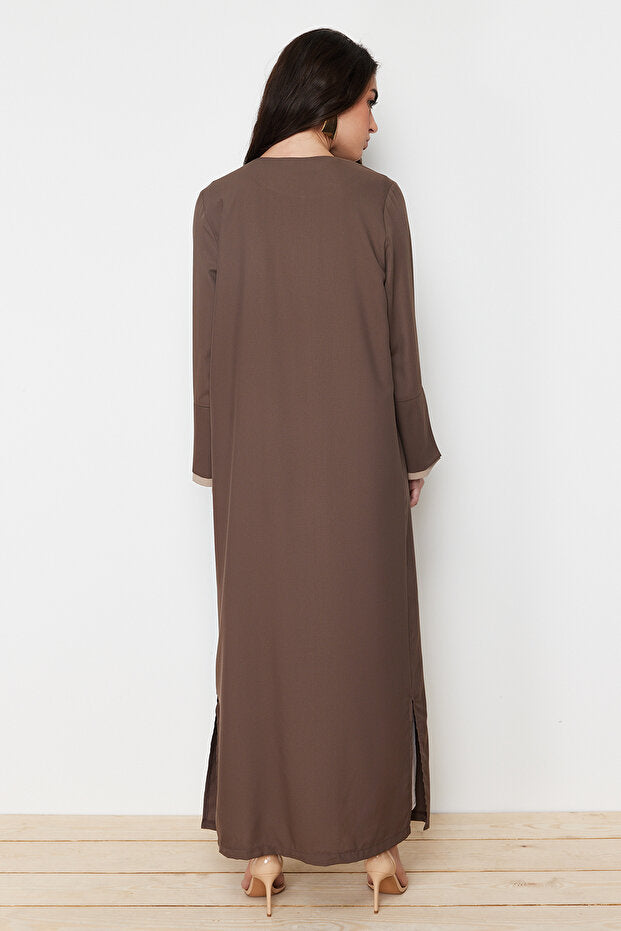 Trendyol Modest Brown Stone Color Blocked Long Aerobin Woven Cap & Ferace & Abaya TCTSS24KF00011