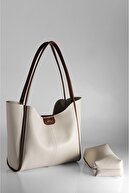 Women's Large Size Bag with Brown Makeup Bag - Hand and Shoulder Bag