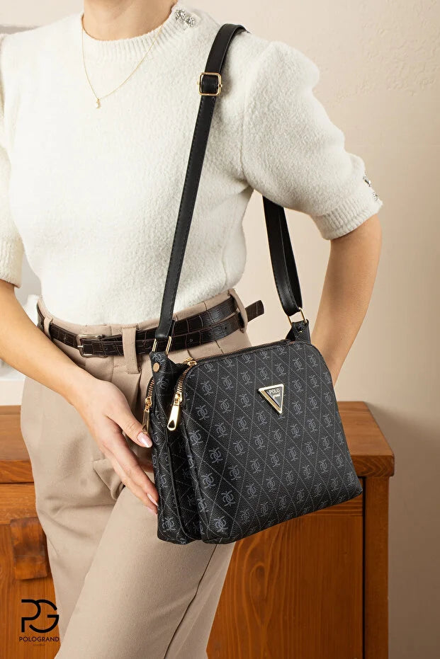 POLOGRAND London Original Women's 3 Compartment Luxury Soft Leather Stylish Model Adjustable Cross Strap Black Shoulder Bag
