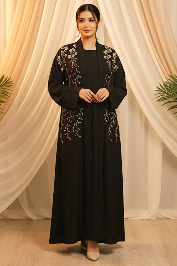 Muchmy Premium Black Embroidered Abaya 2 Pieces With Inner For Women's Casual Muslim Ladies Abayas Dress