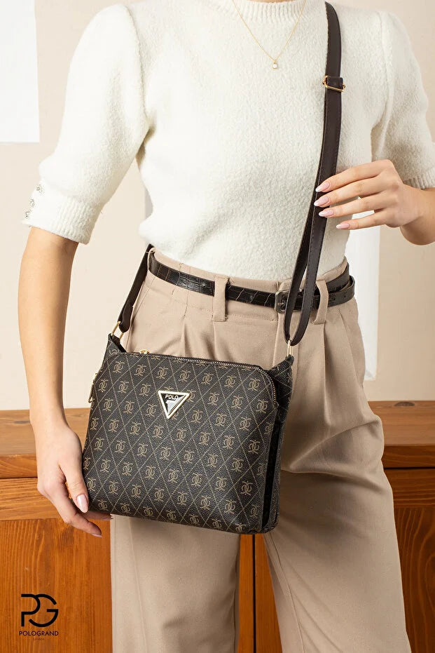 POLOGRAND London Original Women's 3 Compartment Luxury Soft Leather Stylish Model Adjustable Cross Strap Black Shoulder Bag