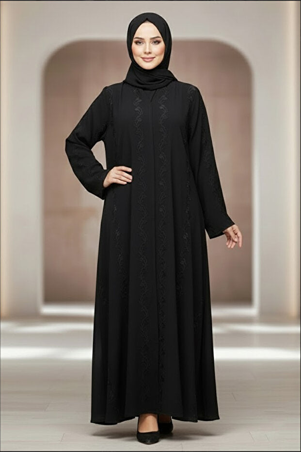 Stylish Black Embroidered Abaya Front Open Muslim Arabic V-neck Long Sleeve Women's Abaya Dress
