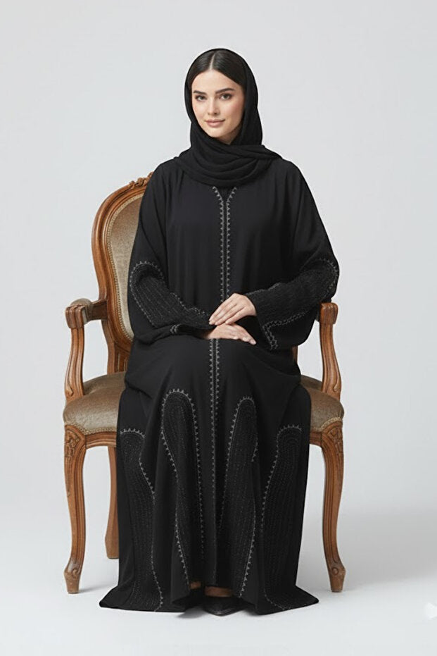 Premium Black Abaya With Rhinestone Embroidery V-neck Long Sleeve Muslim Arabic Modest Women Abaya