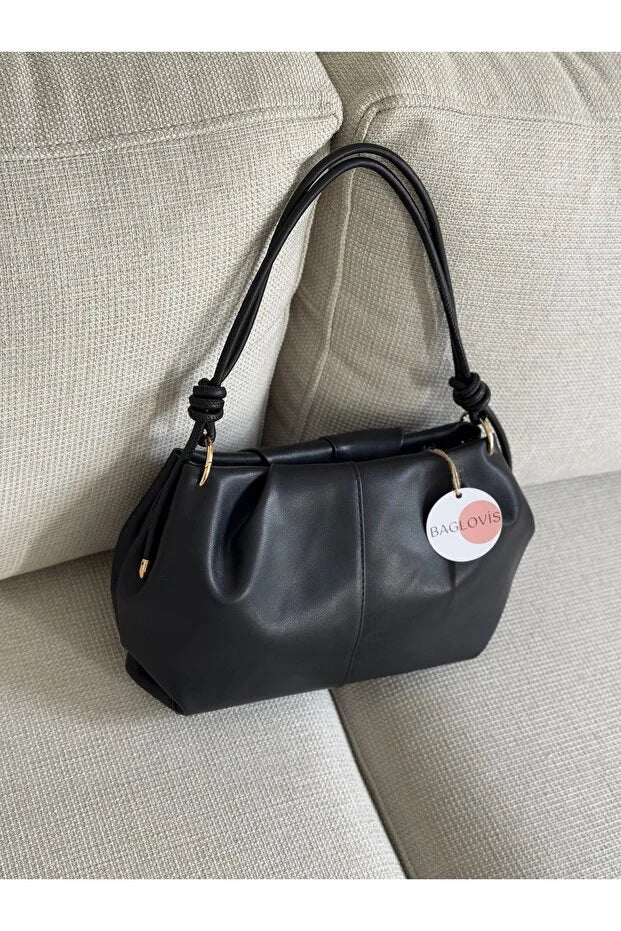 Women's Knot Detailed Medium Size Burgundy Faux Leather Zippered Shoulder Bag En35 Boy20