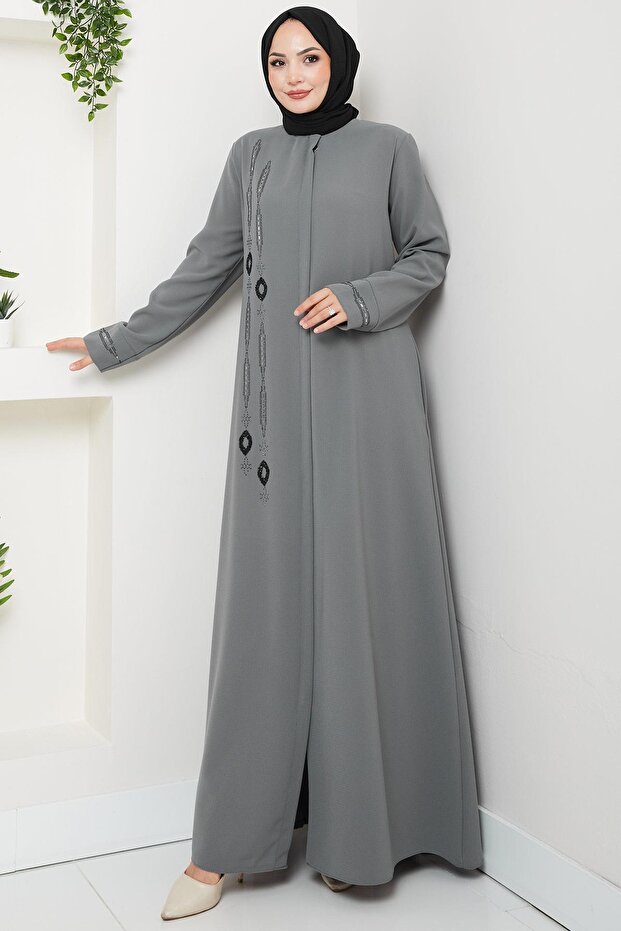 hafsamina Large Size Ferace with Stones on the Front, Gray Hm2800