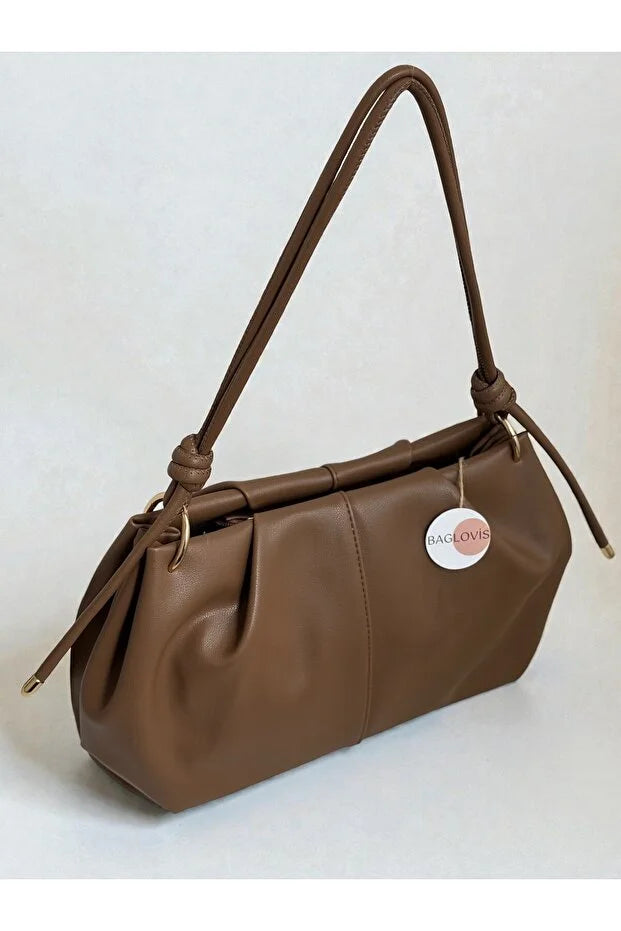 Women's Knot Detailed Medium Size Burgundy Faux Leather Zippered Shoulder Bag En35 Boy20