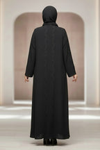 Stylish Black Embroidered Abaya Front Open Muslim Arabic V-neck Long Sleeve Women's Abaya Dress