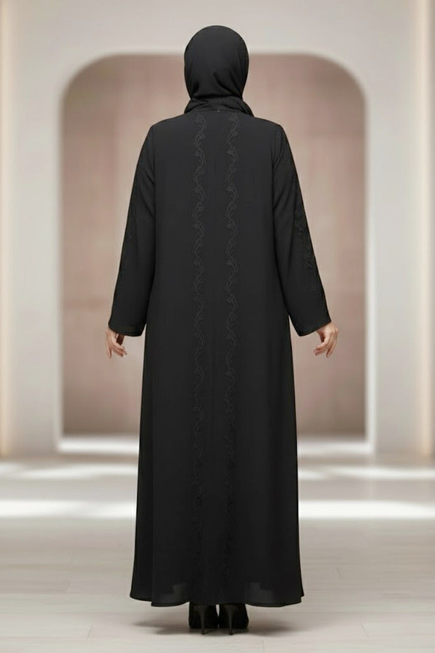 Stylish Black Embroidered Abaya Front Open Muslim Arabic V-neck Long Sleeve Women's Abaya Dress