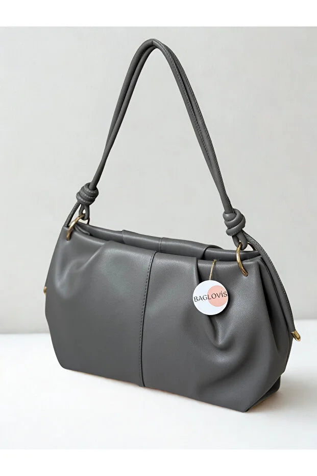 Women's Knot Detailed Medium Size Burgundy Faux Leather Zippered Shoulder Bag En35 Boy20