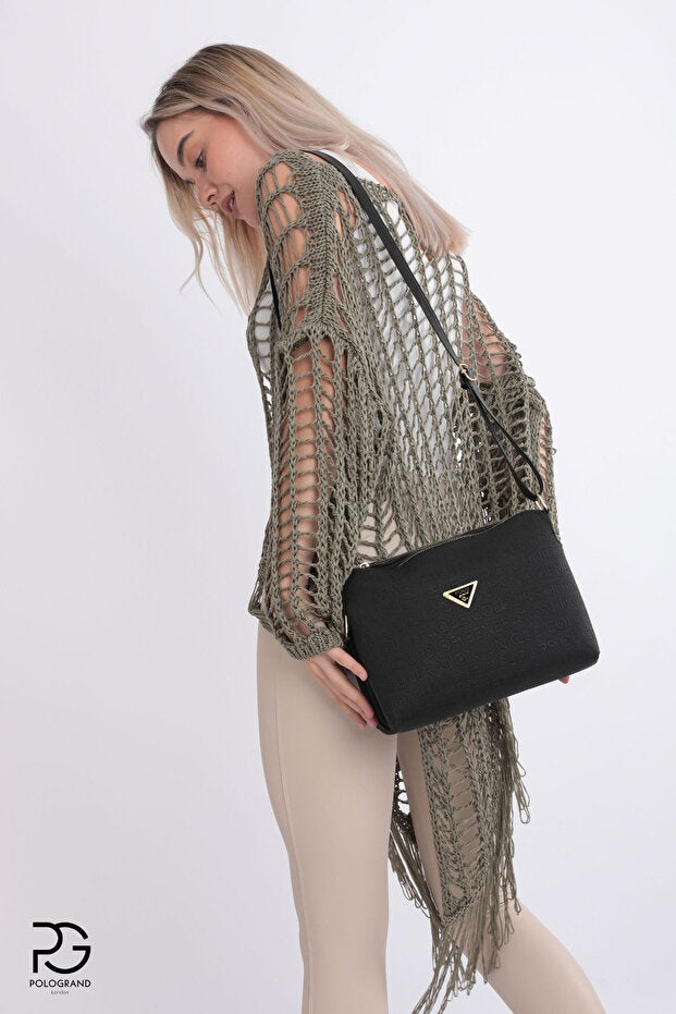 POLOGRAND London Original Women's 3 Compartment Luxury Soft Leather Stylish Model Adjustable Cross Strap Black Shoulder Bag