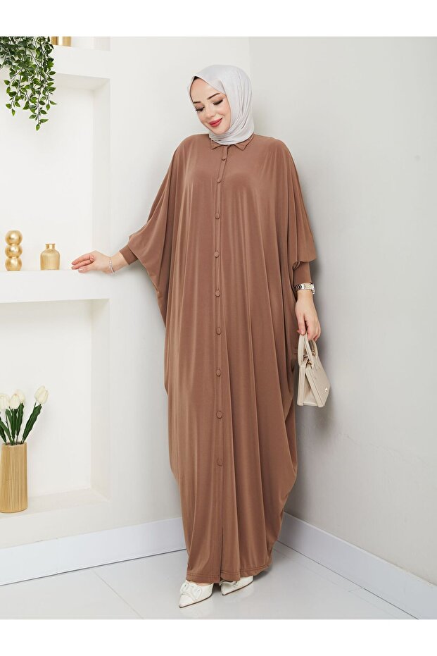 MODAMÜNASİP Long Sandy Ferace with Buttoned Front Bat Sleeves