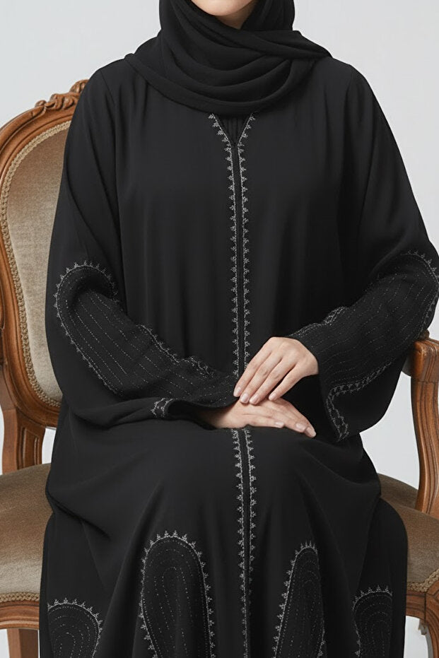 Premium Black Abaya With Rhinestone Embroidery V-neck Long Sleeve Muslim Arabic Modest Women Abaya