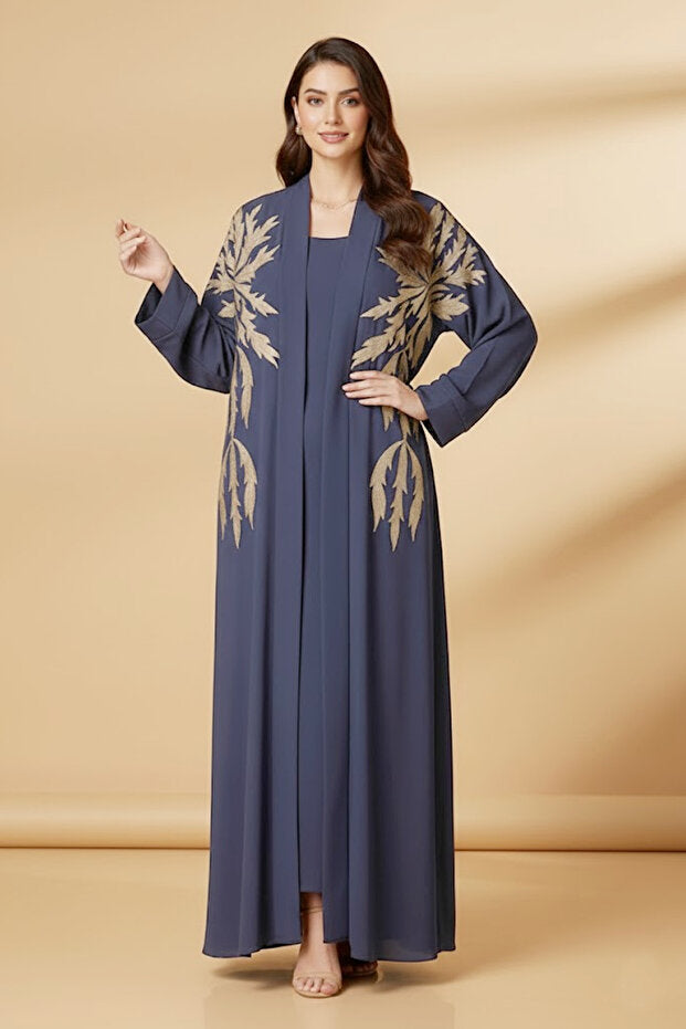 Muchmy 2 Pieces Women’s Navy Blue Open Abaya And Inner With Gold Leaf Embroidery Long Sleeve Muslim Abaya