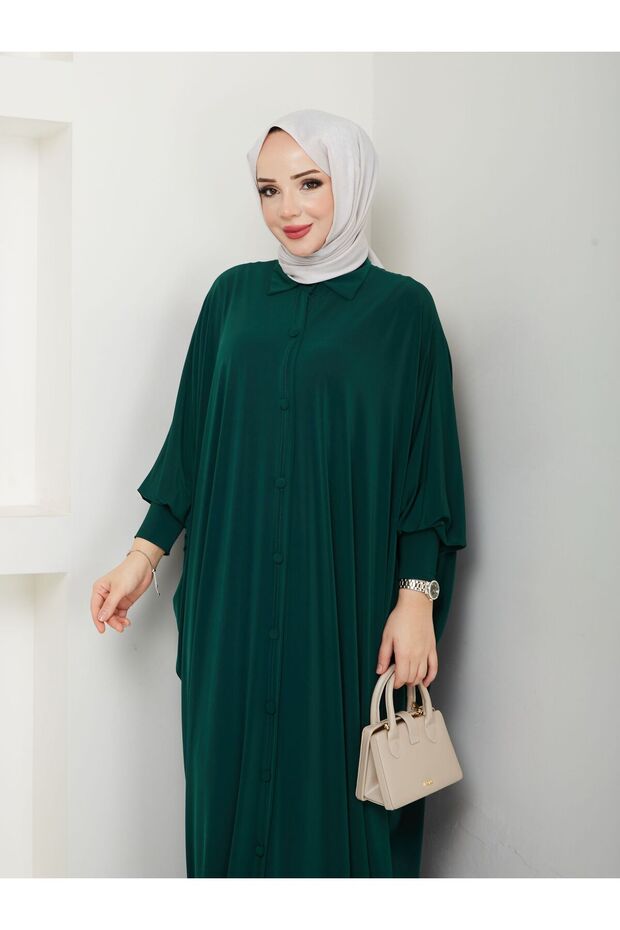 MODAMÜNASİP Long Sandy Ferace with Buttoned Front Bat Sleeves