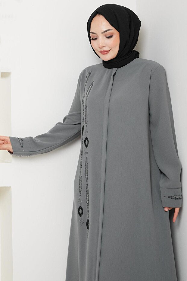 hafsamina Large Size Ferace with Stones on the Front, Gray Hm2800