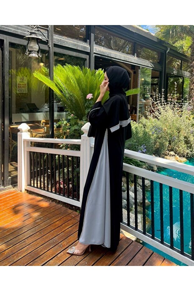 BYAYSEKORKUT Black Gray Abaya - Piece Design