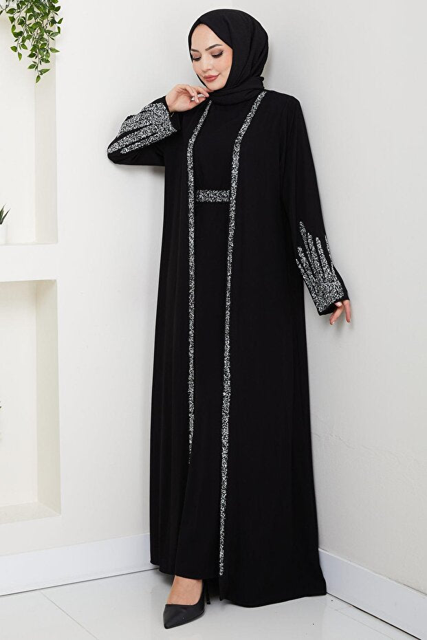 hafsamina Stone Detailed Inner Layer Abaya Set Black Hm2858